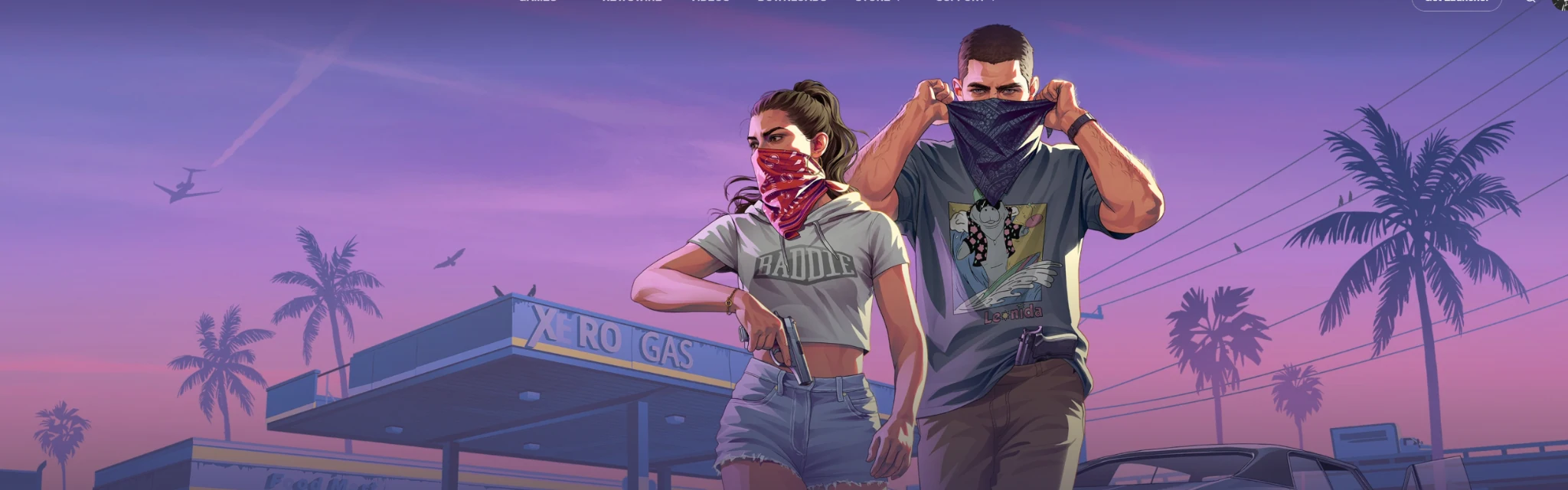 GTA VI illustrated artwork set against a Leonida sunset